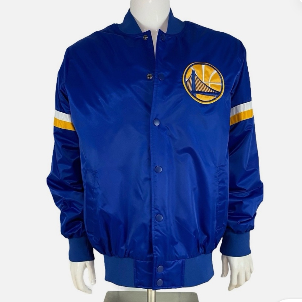 STARTER Blue Satin Golden State Warriors Bomber Jacket